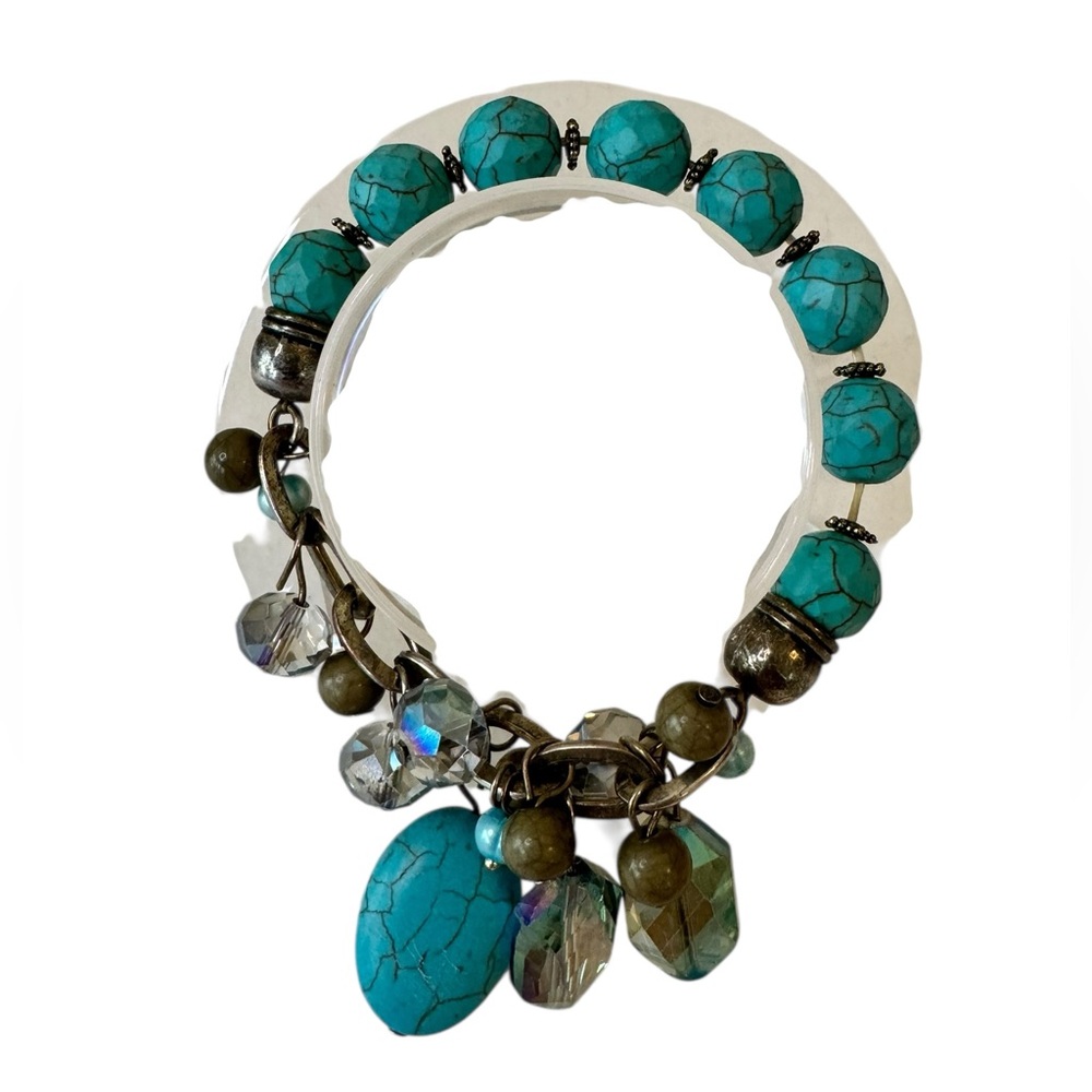 Turquoise Glass Beaded‎ Bracelet with Silver Accents and Charms